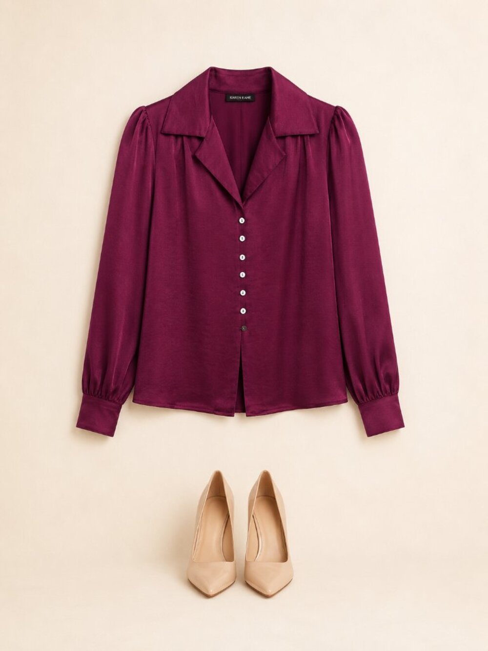 Karen Kane Wine Shirred Blouse Button Front Long Sleeve Top Size L NWT - Picture 4 of 4